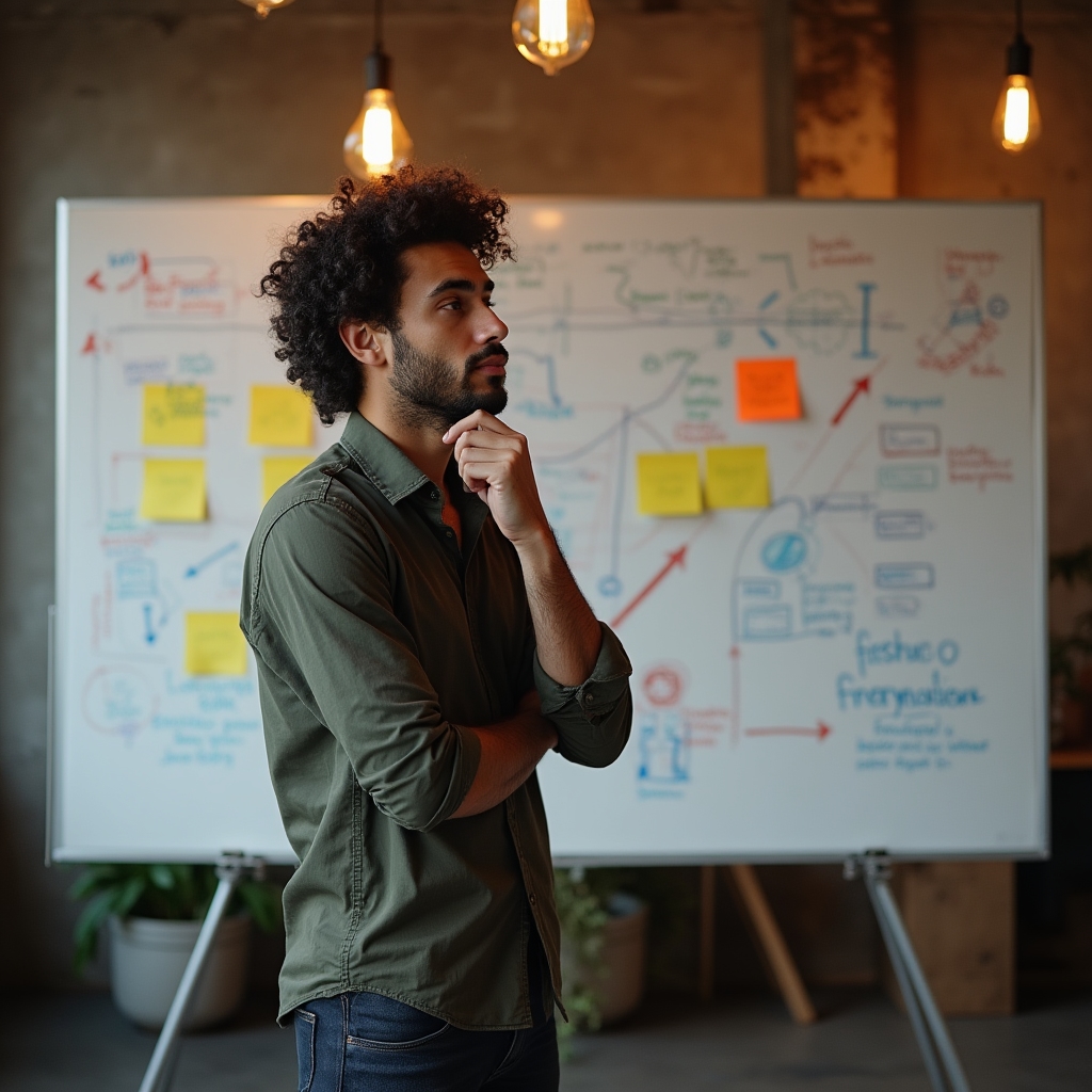 Freelancer mapping out a strategic career transition on a whiteboard in a modern studio