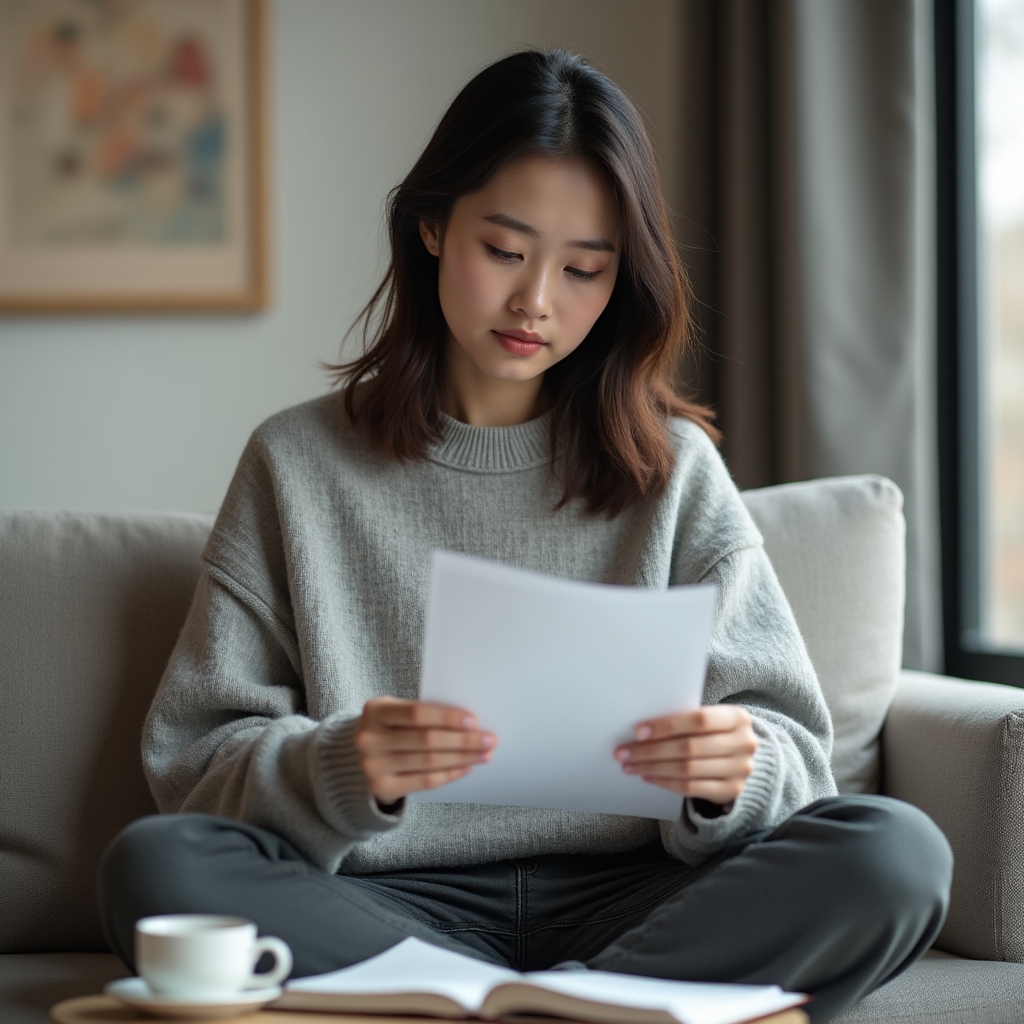 Thoughtful person reviewing notes at a minimalist workspace with soft natural light