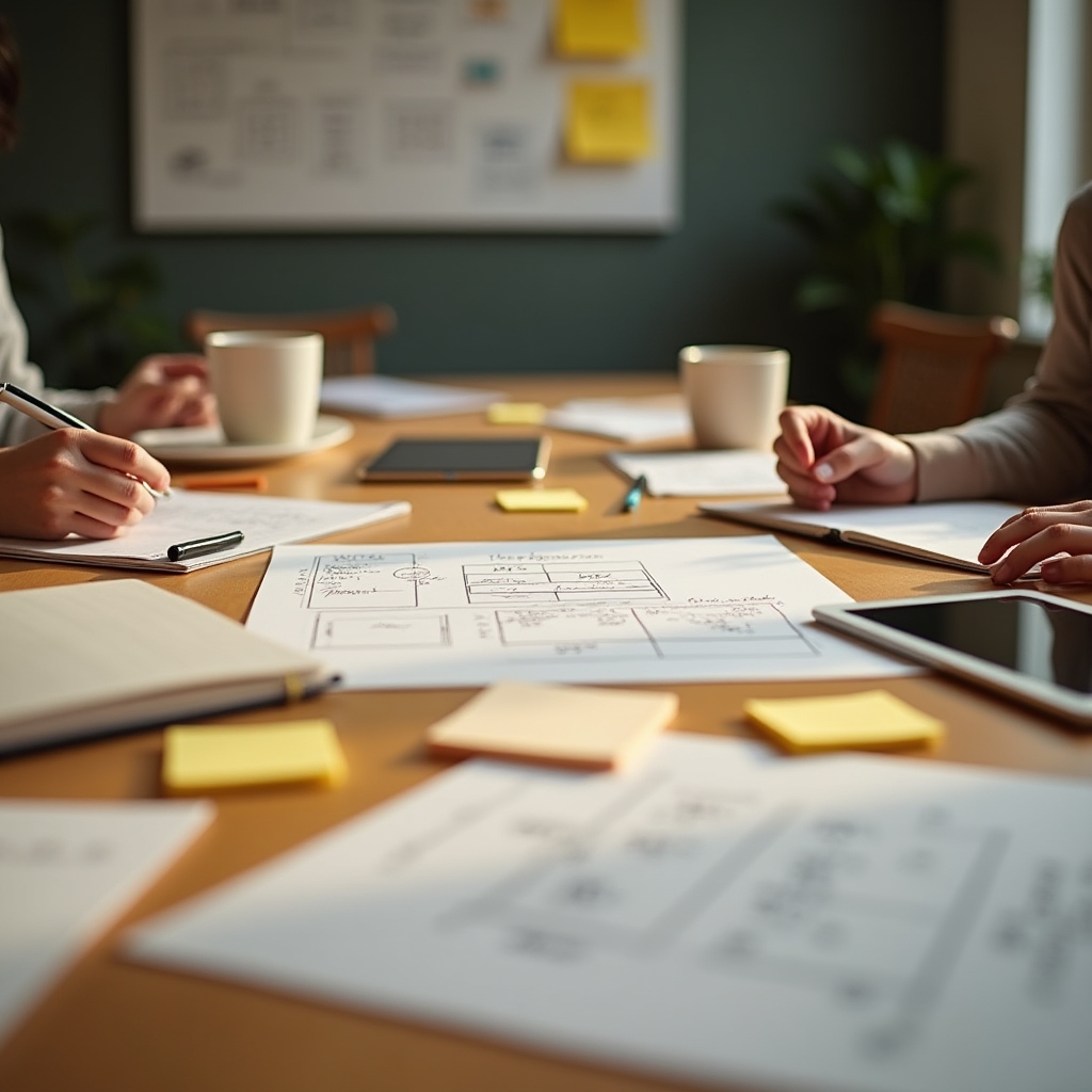 Focused consulting workshop session with notes and planning materials on a studio table