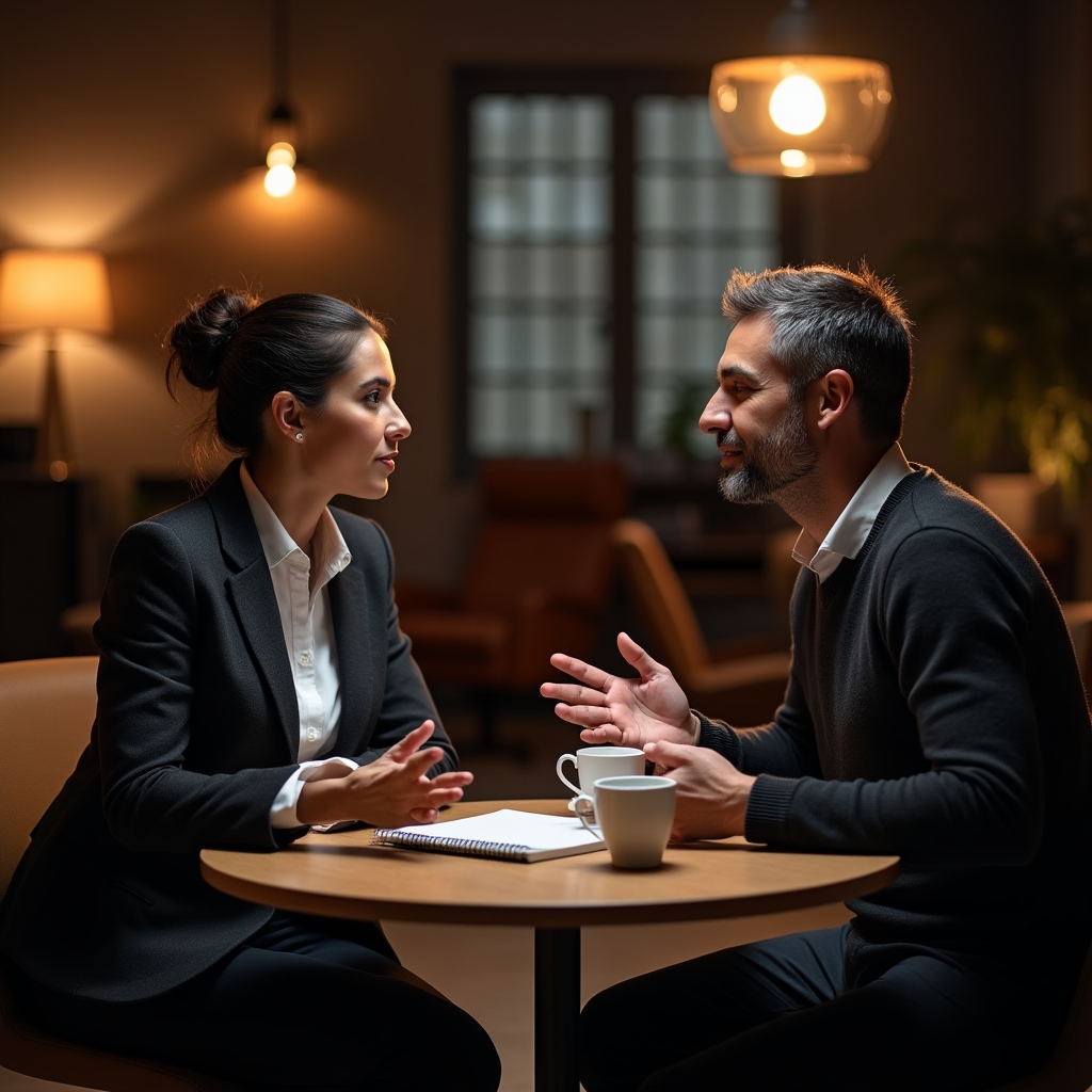Two professionals engaged in a focused strategic conversation in a modern studio
