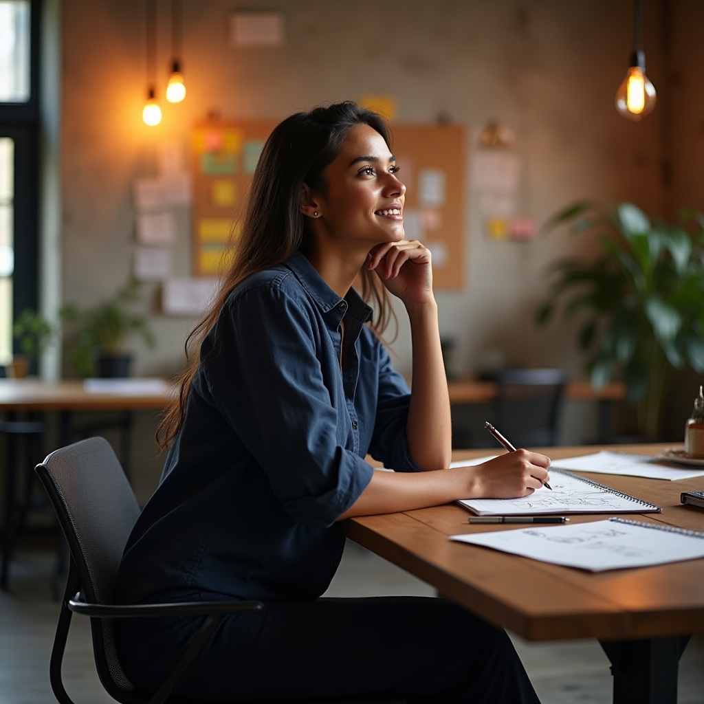 Freelancer thinking strategically at a modern studio desk